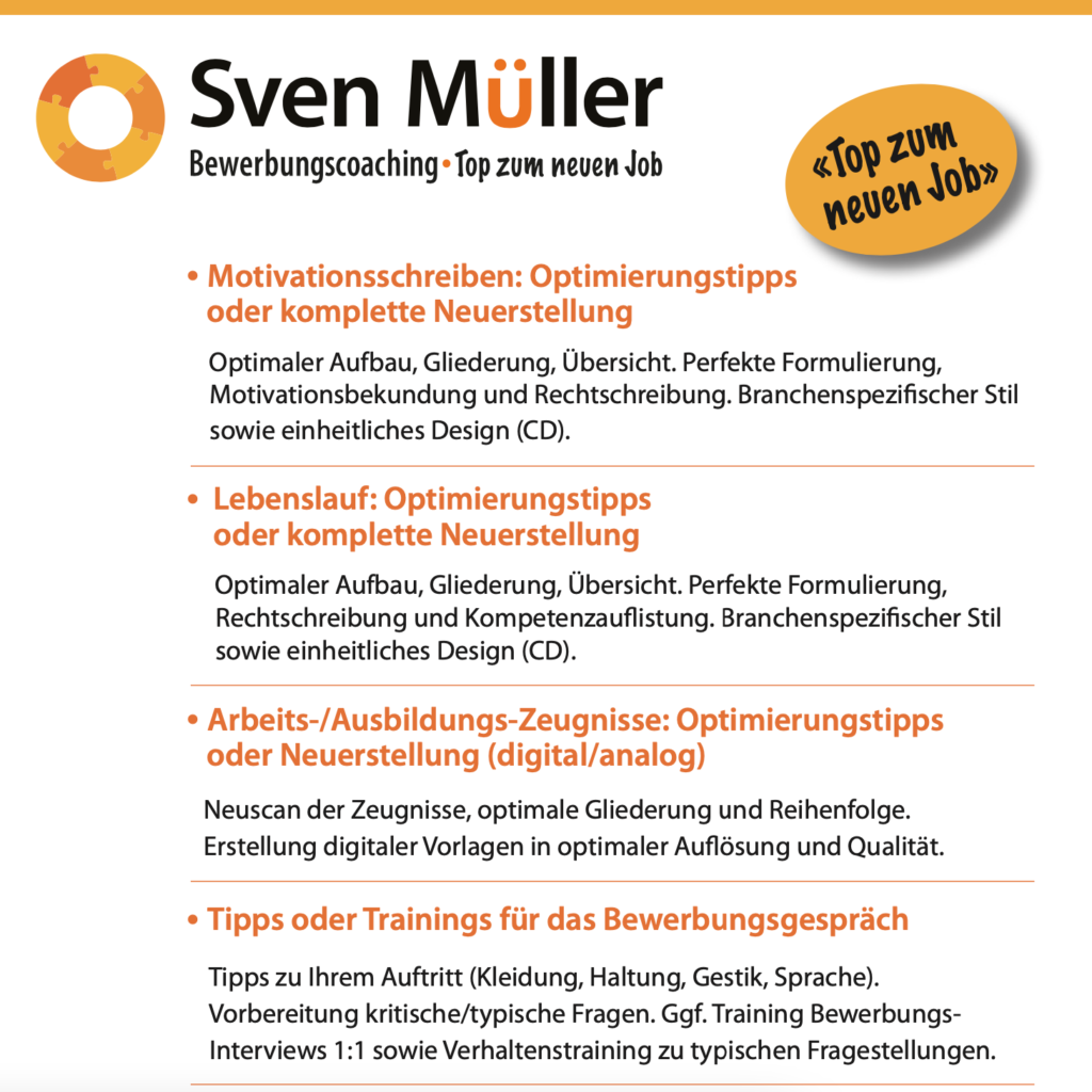 Sven Müller Bewerbungscoaching, Flyer Services 1